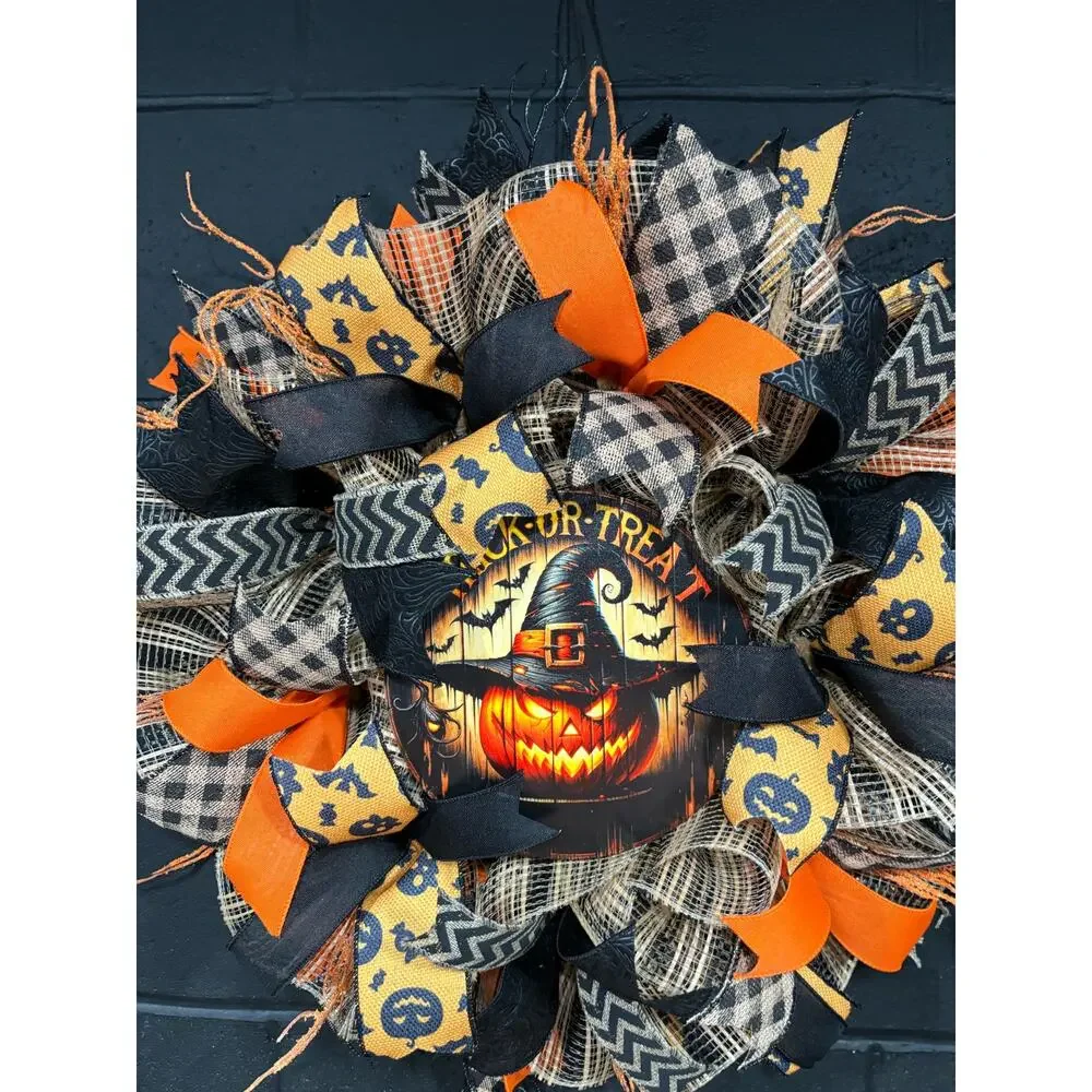 Halloween Wreath For Front Door Spooky Pumpkin Orange and Black Handmade 26 in